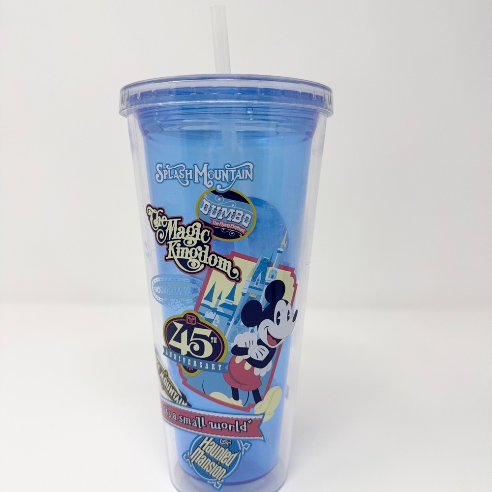 WDW 45 Anniversary Walt Disney World Parks‎ Plastic Tumbler W Straw And Lid